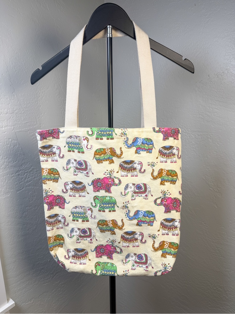 Boho Elephant Print Canvas Tote Bag Cream Multicolor Zip Top Shoulder Bag